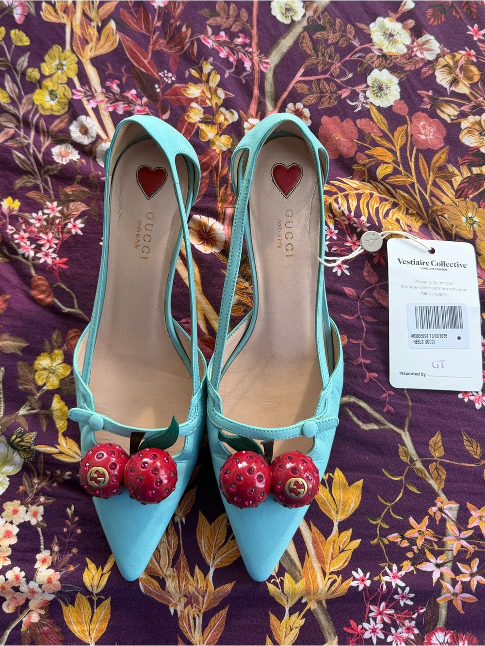 Gucci Vintage Turquoise Pointed Slingback Pumps with Red Cherry Embellishments